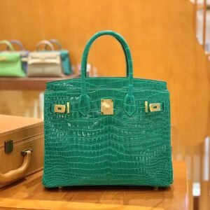 Top-Handle Bag 30cm – Shiny Porosus Crocodile, Jade Green, Gold Hardware