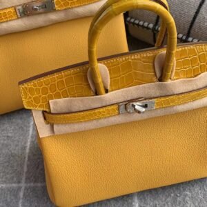 Top-Handle Bag Exotic-Trim 25cm – Togo Leather/ Shiny Crocodile, Jaune Amber, Silver Hardware