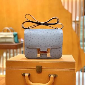 Buckle Flap Bag 18cm – Ostrich, Linen Blue, Silver Hardware