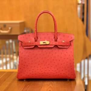 Top-Handle Bag 30cm – Ostrich, Bright Red, Gold Hardware (AG-09655)
