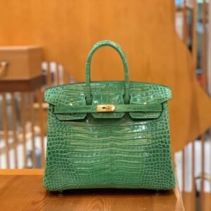 Top-Handle Bag 25cm – Shiny Porosus Crocodile, Cactus Green, Gold Hardware