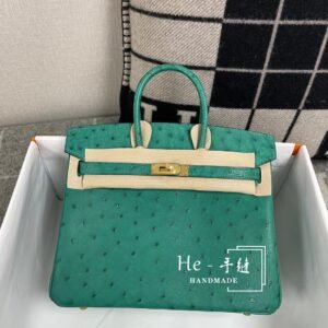 Top-Handle Bag 25cm – Ostrich Skin, Vert Verone, Gold Hardware