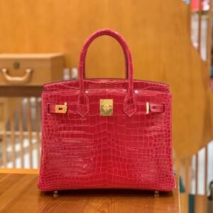 Top-Handle Bag 30cm – Shiny Porosus Crocodile, Rose Extreme, Gold Hardware