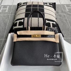 Top-Handle Bag Exotic-Trim 30cm – Togo/Shiny Crocodile, Black, Silver Hardware