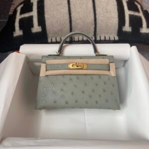 Mini Turnlock Flap Bag 19cm – Ostrich, Sauge, Gold Hardware