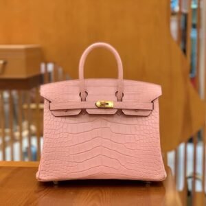 Top-Handle Bag 25cm – Matte Alligator Crocodile, Rose Sakura, Gold Hardware