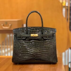 Top-Handle Bag 30cm – Shiny Porosus Crocodile, Black, Gold Hardware
