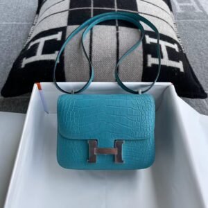 Buckle Flap Bag 18cm – Matte Alligator, Blue Paon, Silver Hardware
