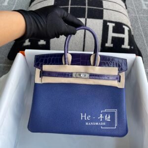 Top-Handle Bag 25cm – Togo Leather/Shiny Crocodile, Blue Ink, Silver Hardware