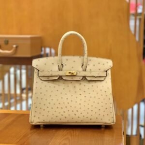 Top-Handle Bag 25cm – Ostrich, White Wool, Gold Hardware