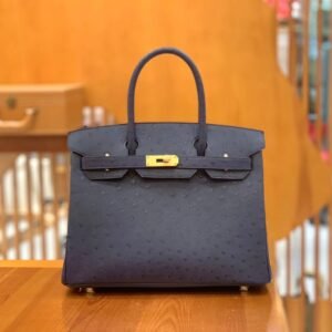 Top-Handle Bag 30cm – Ostrich, Malta Blue, Gold Hardware