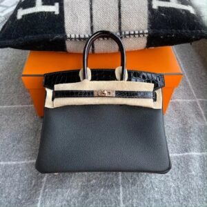 Top-Handle Bag Exotic-Trim 25cm – Togo/ Shiny Niloticus, Noir, Rose Gold Hardware