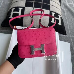 Buckle Flap Bag 18cm – Ostrich, Rose Tyrien, Silver Hardware