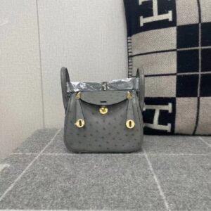 Mini Double-Zip Bag 19cm – Ostrich, Gris Meyer, Gold Hardware