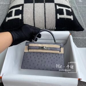 Mini Turnlock Flap Bag 19cm – Ostrich, Blue Agate, Silver Hardware