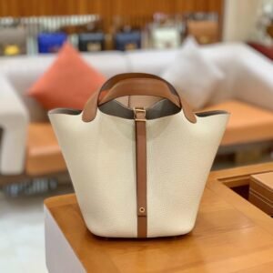 Bucket Tote 22cm – Clemence, Creamy White & Golden Brown, Silver Hardware