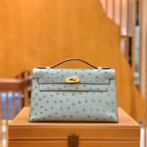Mini Turnlock Flap Bag 22cm – Ostrich, Linen Blue, Gold Hardware