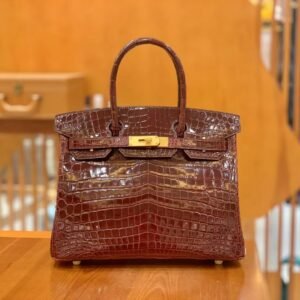 Top-Handle Bag 30cm – Shiny Niloticus Crocodile, Bordeaux Red, Gold Hardware