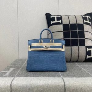 Top-Handle Bag 25cm – Matte Porosus Crocodile, Bright Blue, Silver Hardware