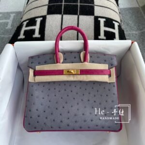 Top-Handle Bag 25cm – Ostrich, Gris Agate / Rose Purple, Brushed Gold Hardware