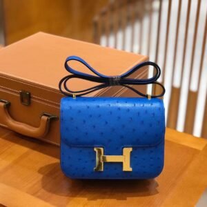 Buckle Flap Bag 18cm – Ostrich, Brilliant Blue Buckle, Gold Hardware