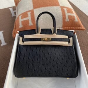 Top-Handle Bag 25cm – Ostrich, Noir, Gold Hardware