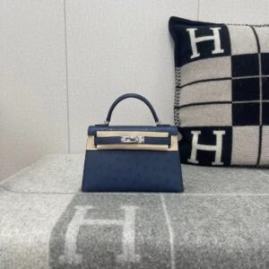 Mini Turnlock Flap Bag 19cm – Ostrich, Blue De Malte, Silver Hardware