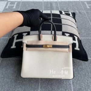Top-Handle Bag 25cm – Togo, White / Black, Brushed Gold Hardware