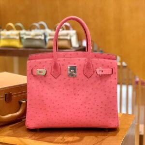 Top-Handle Bag 30cm – Ostrich, Lipstick Pink, Silver Hardware