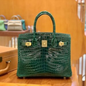 Top-Handle Bag 30cm – Porosus, Shiny Vdark Green, Gold Hardware