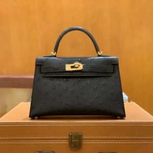 Mini Turnlock Flap Bag – Ostrich, Noir, Gold Hardware