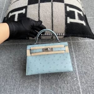 Mini Turnlock Flap Bag 19cm – Ostrich, Blue Glacier, Silver Hardware