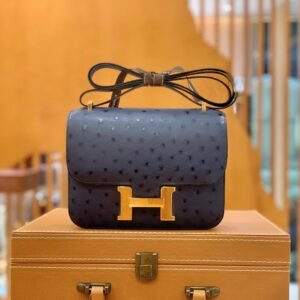 Buckle Flap Bag 18cm – Ostrich, Malta Blue, Gold Hardware