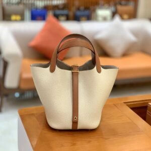 Bucket Tote 18cm – Swift, Golden Brown & Creamy White, Gold Hardware