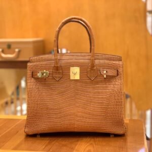 Top-Handle Bag 30cm – Shiny Porosus Crocodile, Golden Brown, Gold Hardware