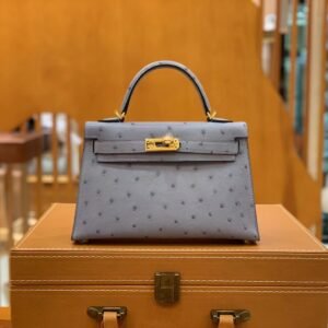 Mini Turnlock Flap Bag – Ostrich, Bleu Glacler, Gold Hardware