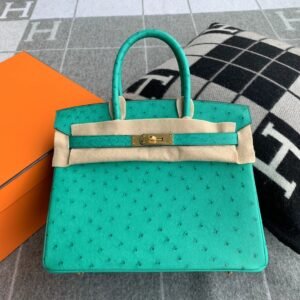 Top-Handle Bag 30cm – Ostrich, Vert Verone, Gold Hardware