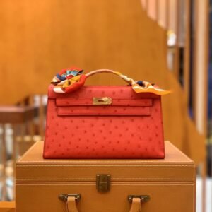 Mini Turnlock Flap Bag 22cm – Ostrich, Bright Red, Gold Hardware
