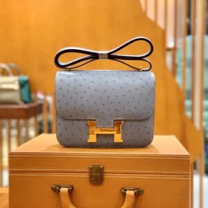 Buckle Flap Bag 19cm – Ostrich, Bleu Glacler, Gold Hardware