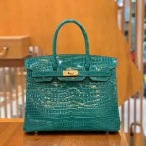 Top-Handle Bag 30cm – Shiny Porosus Crocodile, Vert Emeraude, Gold Hardware