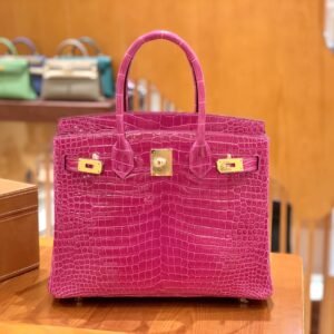 Top-Handle Bag 30cm – Porosus, Shiny V Peach Pink, Gold Hardware