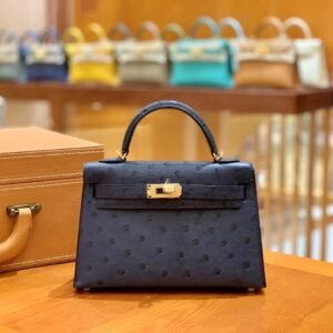 Mini Turnlock Flap Bag 19cm – Ostrich, Midnight Blue, Silver Hardware