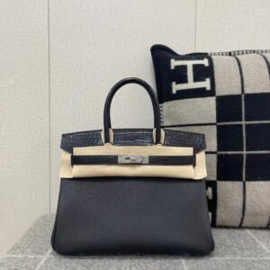 Top-Handle Bag Exotic-Trim 30cm – Togo / Matte Crocodile, Noir, Silver Hardware