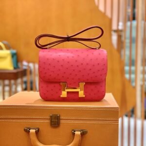 Buckle Flap Bag 18cm – Ostrich, Candy Pink, Gold Hardware