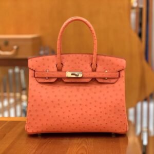 Top-Handle Bag 30cm – Ostrich, Texas Pink, Silver Hardware