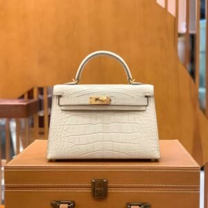 Mini Turnlock Flap Bag 19cm – Matte Alligator Crocodile, Ice White, Gold Hardware