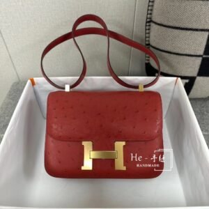 Buckle Flap Bag 24cm – Ostrich, Rouge Casaque, Gold Hardware
