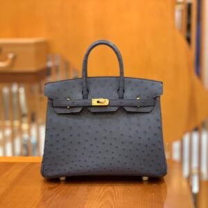 Top-Handle Bag 25cm – Ostrich, Malta Blue, Gold Hardware