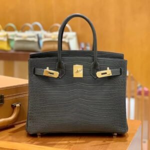 Top-Handle Bag 30cm – Matte Porosus, V Graphite Grey, Gold Hardware