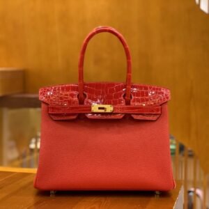 Top-Handle Bag Exotic-Trim 30cm – Shiny Niloticus, Red, Gold Hardware
